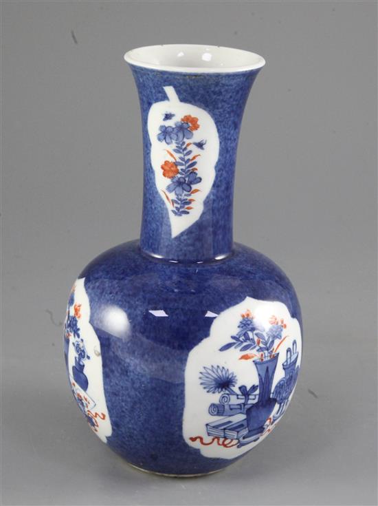 An unusual Chinese powder blue ground bottle vase, Kangxi period, height 20cm, gilding worn